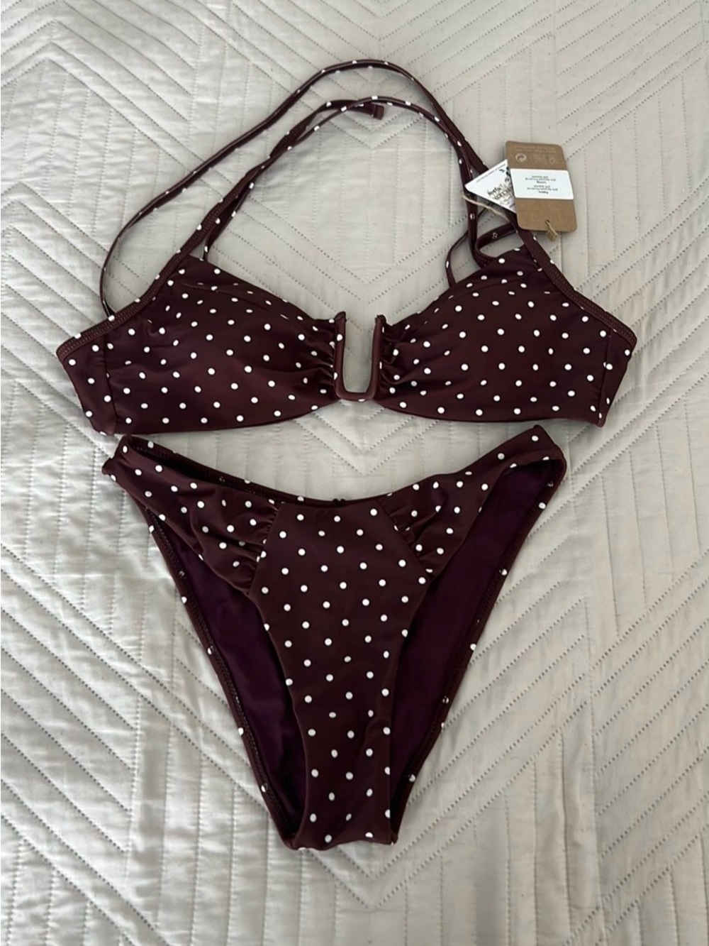White Polka Dot Burgundy Bikini Set